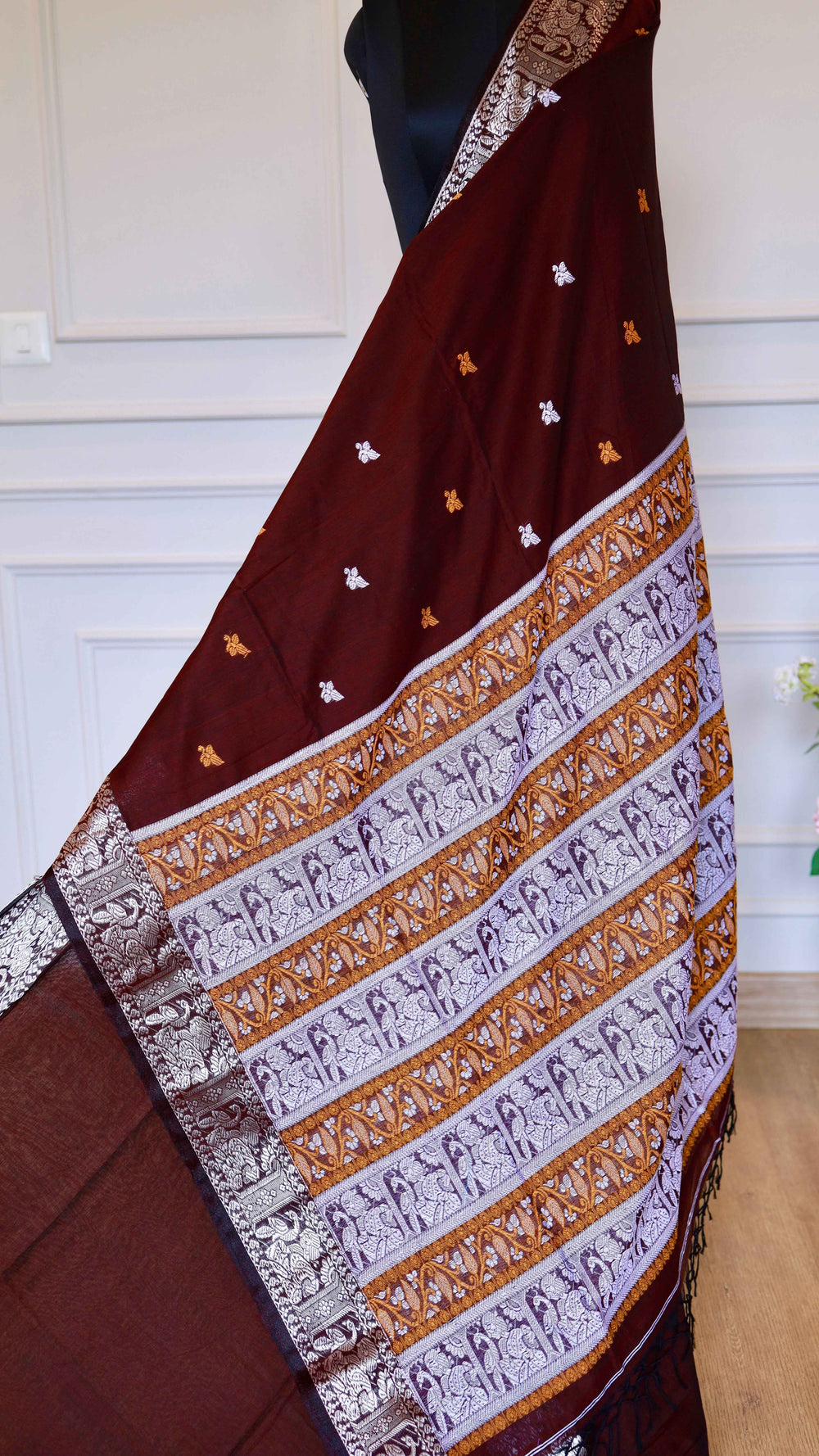 Coffee Maroon Baluchari Cotton Saree with Traditional Mythological Pallu Motifs