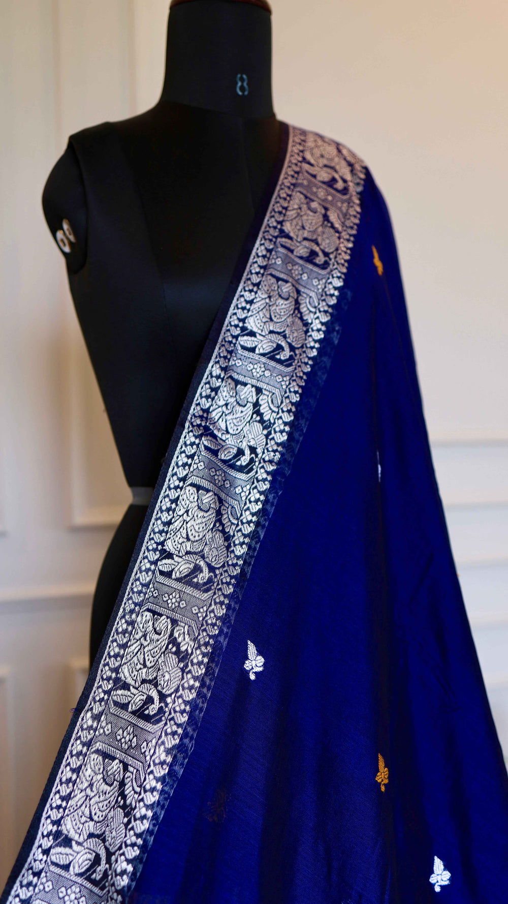 Royal Blue Baluchari Cotton Saree with Silver and Mustard Zari Weave