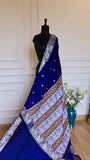 Royal Blue Baluchari Cotton Saree with Silver and Mustard Zari Weave
