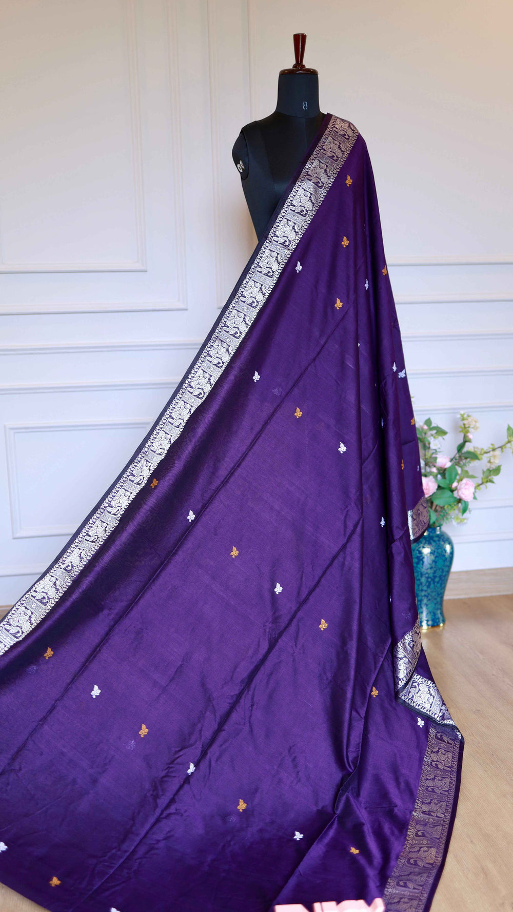 Deep Purple Baluchari Cotton Saree with Silver Traditional Motif Border