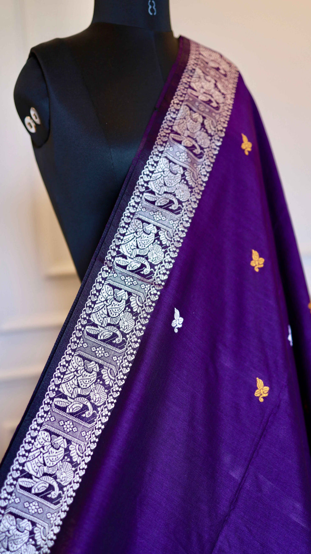 Deep Purple Baluchari Cotton Saree with Silver Traditional Motif Border