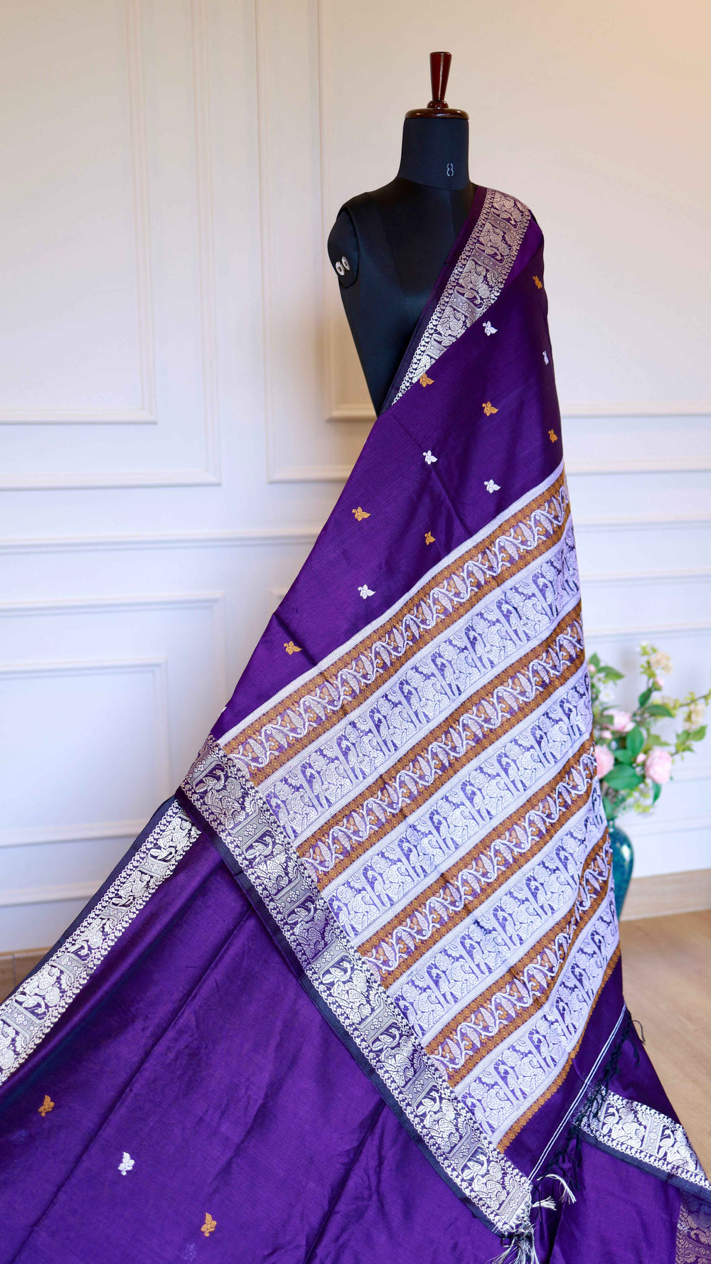 Deep Purple Baluchari Cotton Saree with Silver Traditional Motif Border