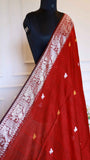 Crimson Red Baluchari Cotton Saree with Silver and Mustard Mythological Motifs