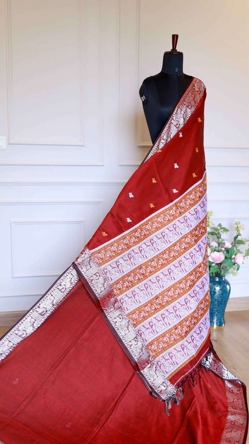Crimson Red Baluchari Cotton Saree with Silver and Mustard Mythological Motifs