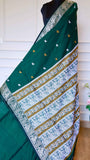Deep Emerald Green Baluchari Cotton Saree with Traditional Silver and Gold Meenakari Motifs