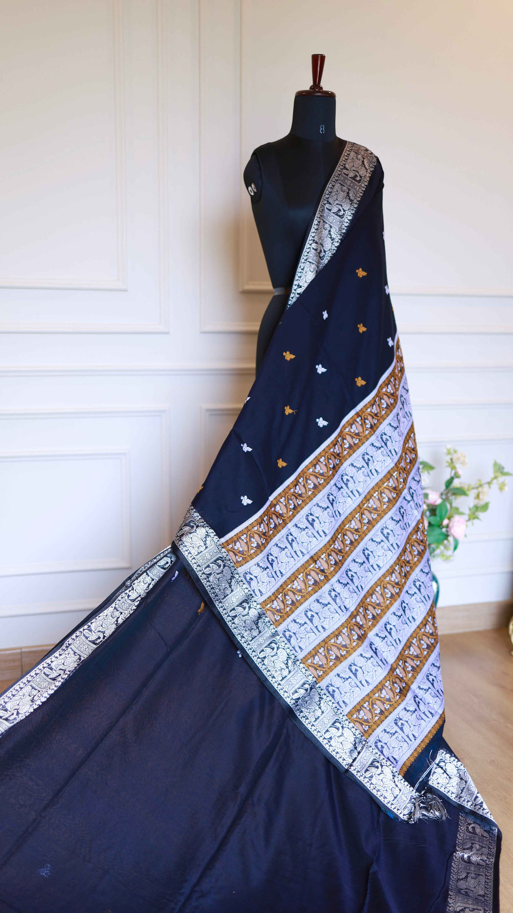 Midnight Black Baluchari Cotton Saree with Silver Mythological Motifs & Blouse Piece