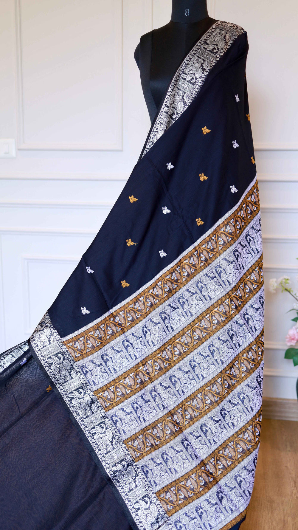 Midnight Black Baluchari Cotton Saree with Silver Mythological Motifs & Blouse Piece
