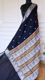 Midnight Black Baluchari Cotton Saree with Silver Mythological Motifs & Blouse Piece