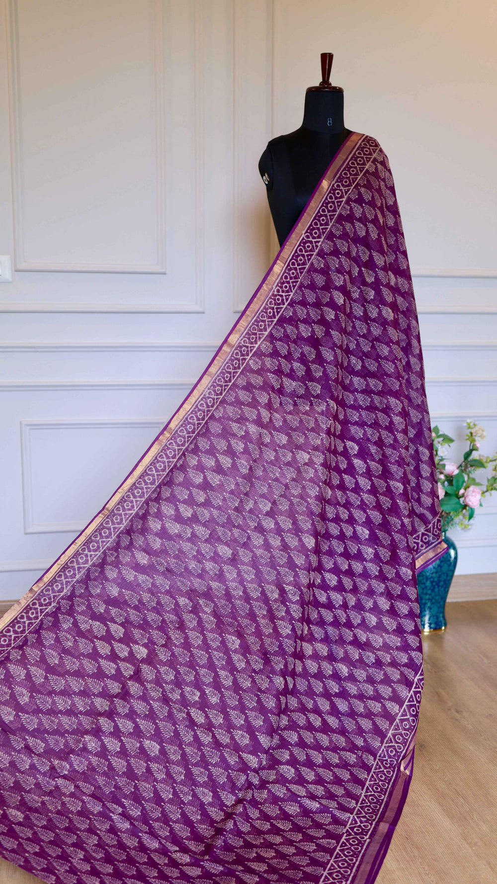 Jamuni Purple Handblock Bagru Printed Kota Doria Cotton Saree with Sleek Zari Border