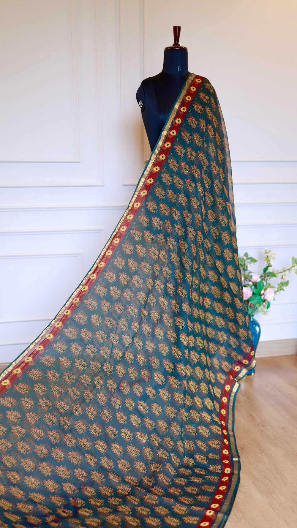 Teal Blue Handblock Bagru Printed Kota Doria Saree with Sleek Zari Border