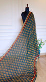 Teal Blue Handblock Bagru Printed Kota Doria Saree with Sleek Zari Border
