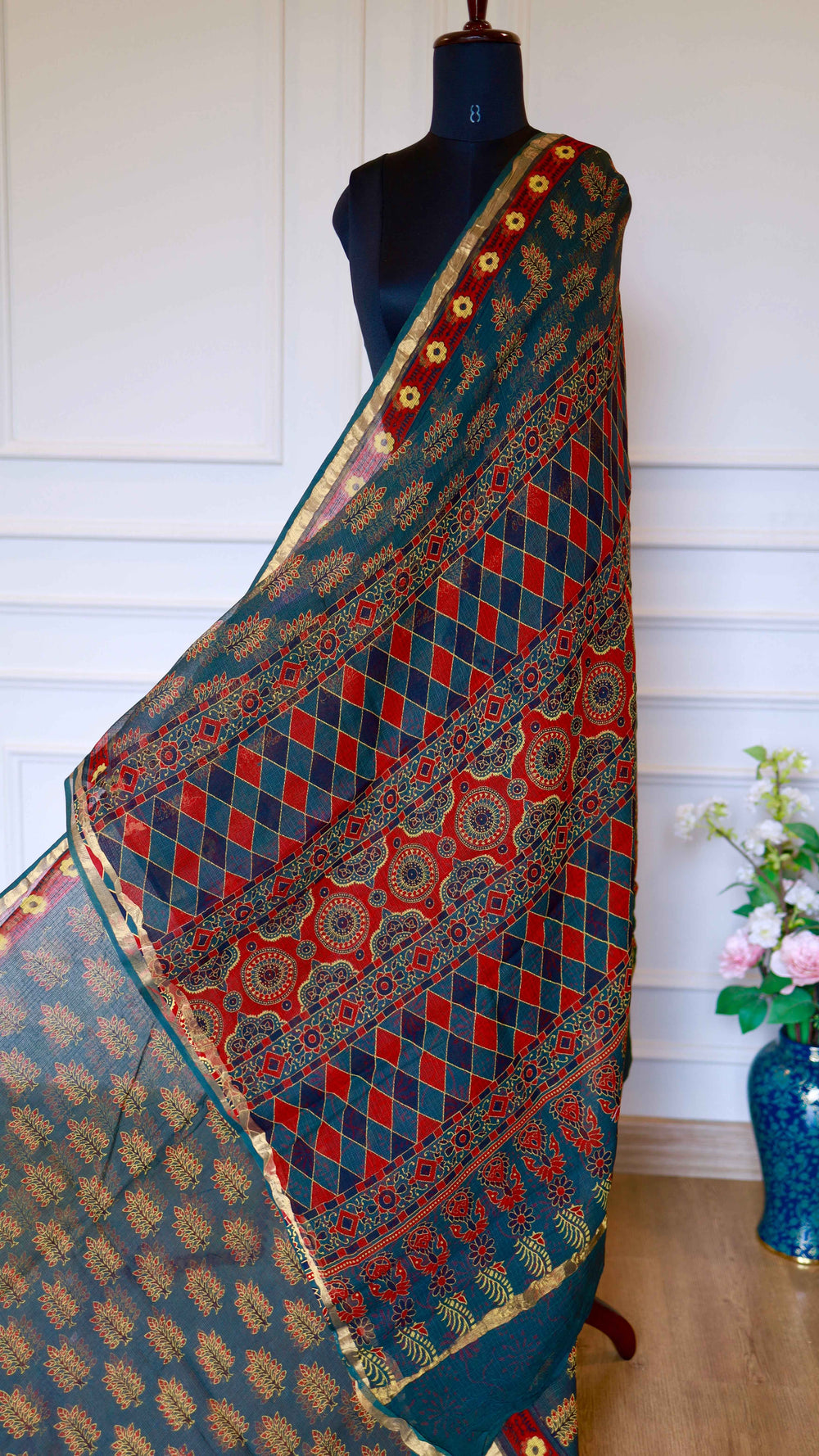 Teal Blue Handblock Bagru Printed Kota Doria Saree with Sleek Zari Border