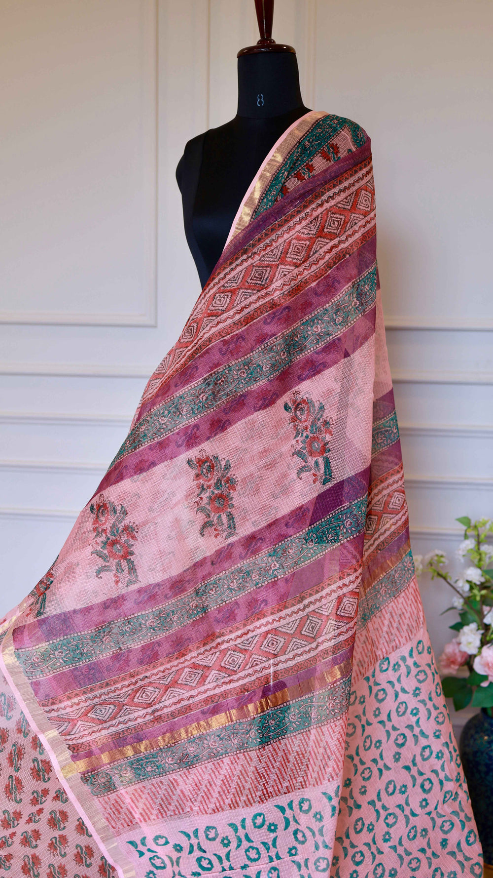 The Avant-Garde Heritage: Bagru Handblock Pink Kota Doria Pure Cotton Saree