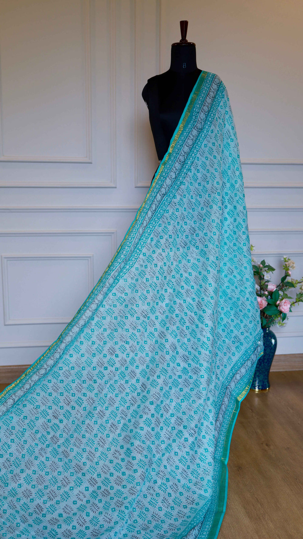 The Turquoise Loom: Bagru Handblock Printed Kota Doria Cotton Saree with Sleek Zari