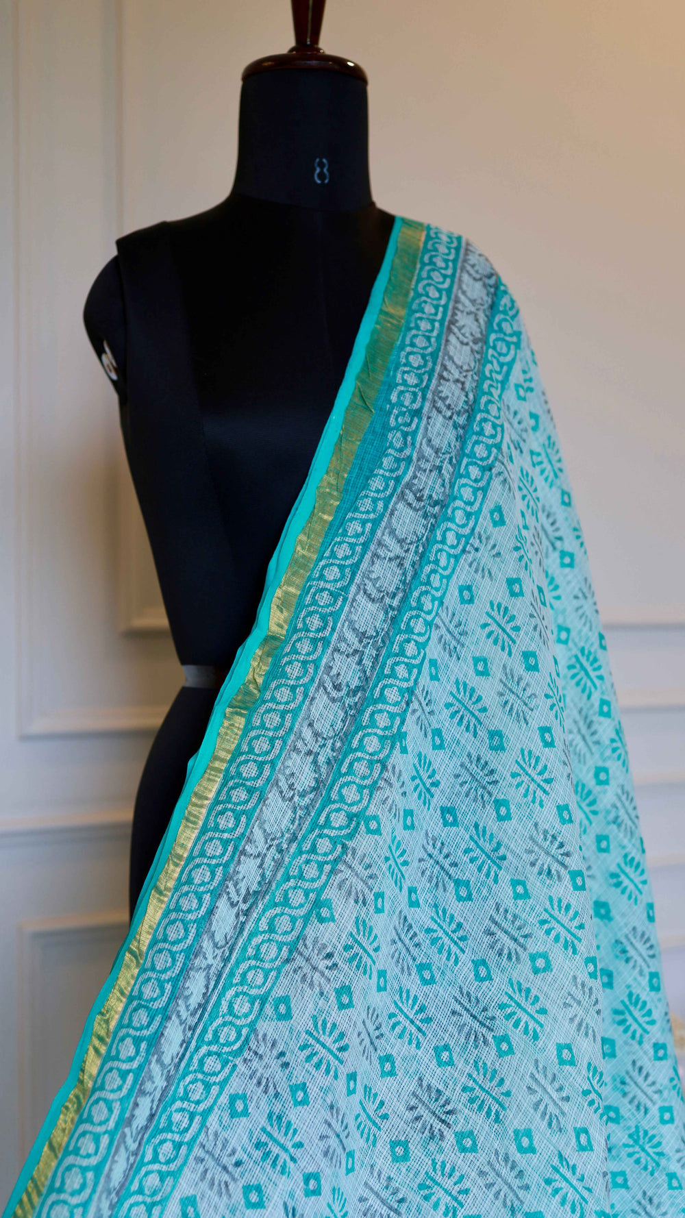 The Turquoise Loom: Bagru Handblock Printed Kota Doria Cotton Saree with Sleek Zari