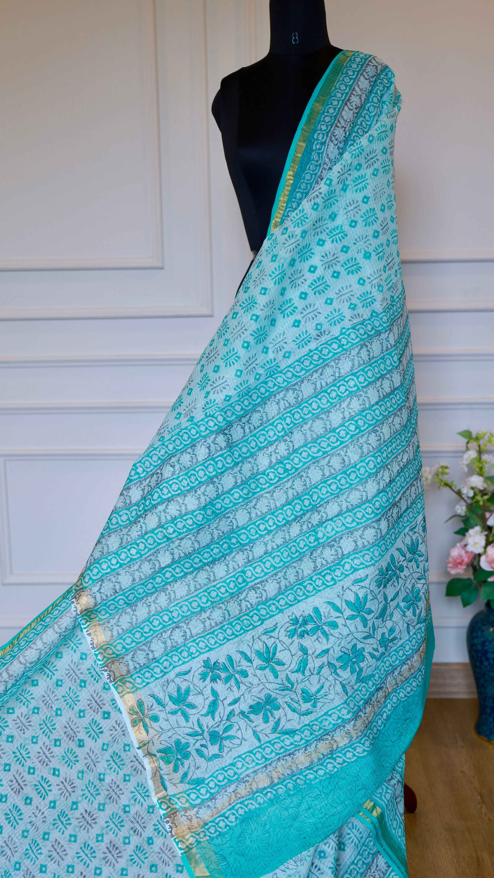 The Turquoise Loom: Bagru Handblock Printed Kota Doria Cotton Saree with Sleek Zari