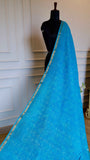 Vibrant Azure Kota Doria Pure Cotton Saree with Sleek Golden Zari Border