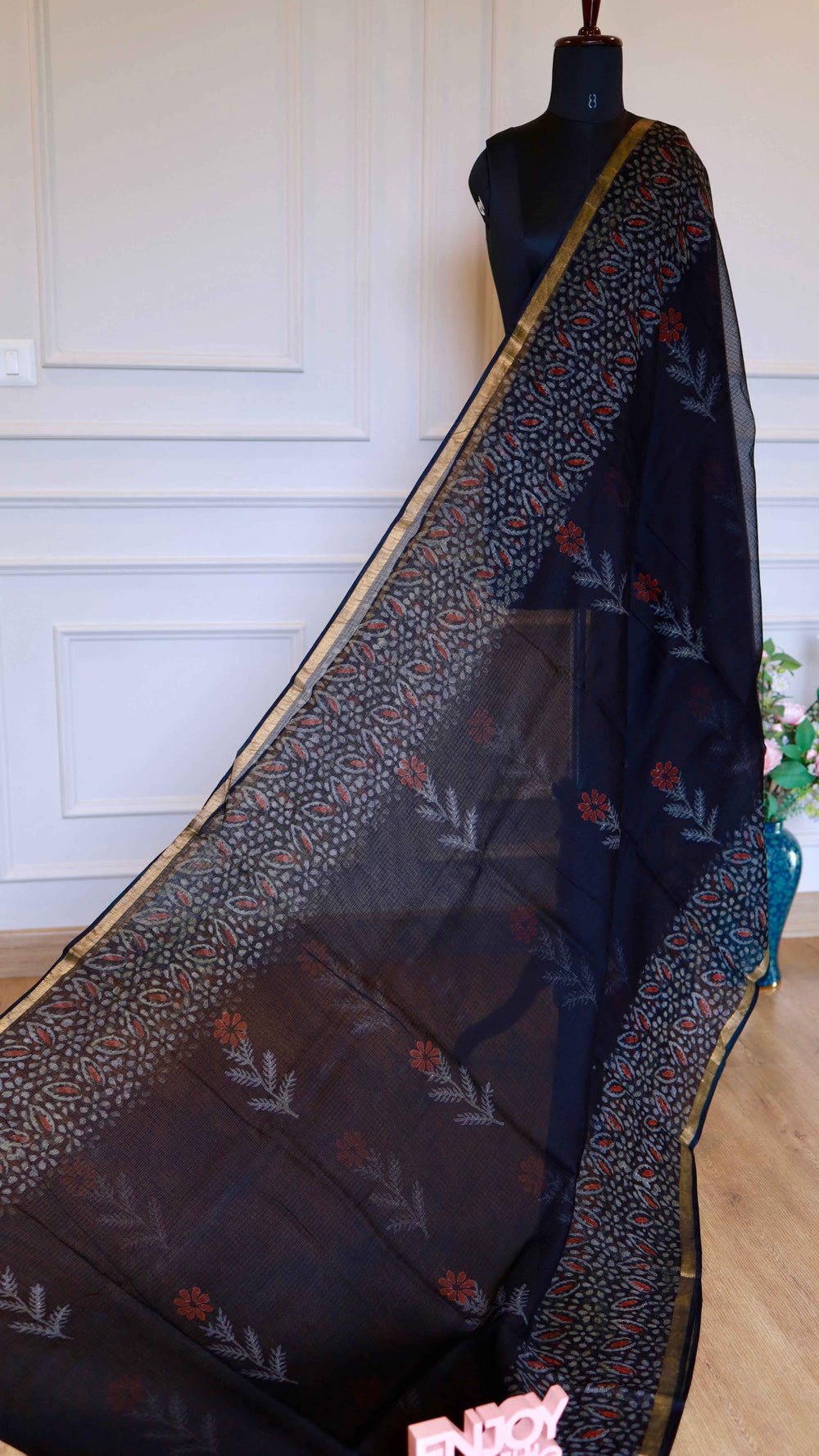 Black Handblock Bagru Printed Kota Doria Pure Cotton Saree with Sleek Zari Border