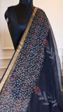 Black Handblock Bagru Printed Kota Doria Pure Cotton Saree with Sleek Zari Border