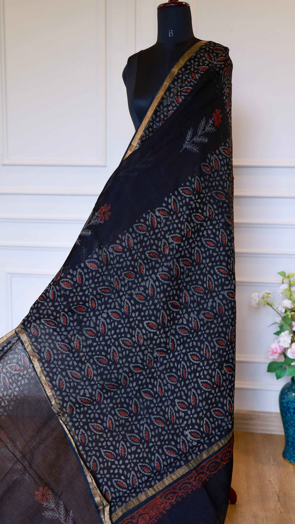 Black Handblock Bagru Printed Kota Doria Pure Cotton Saree with Sleek Zari Border
