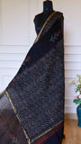 Black Handblock Bagru Printed Kota Doria Pure Cotton Saree with Sleek Zari Border
