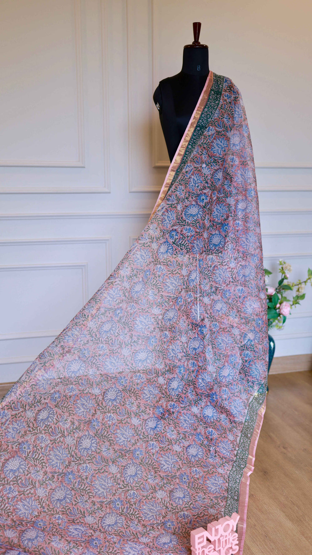 Pastel Pink Handblock Bagru Printed Pure Cotton Kota Doria Saree