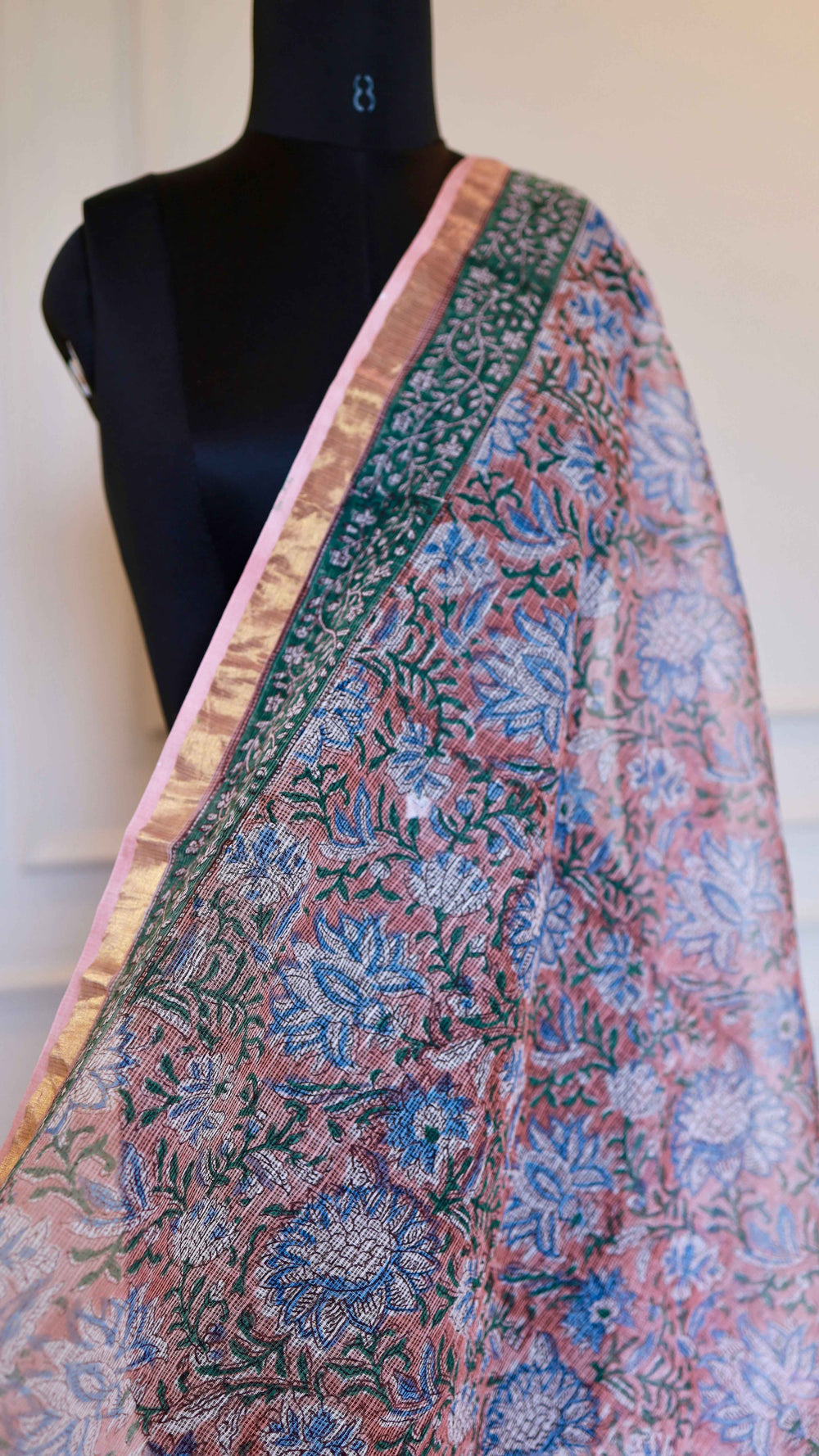 Pastel Pink Handblock Bagru Printed Pure Cotton Kota Doria Saree