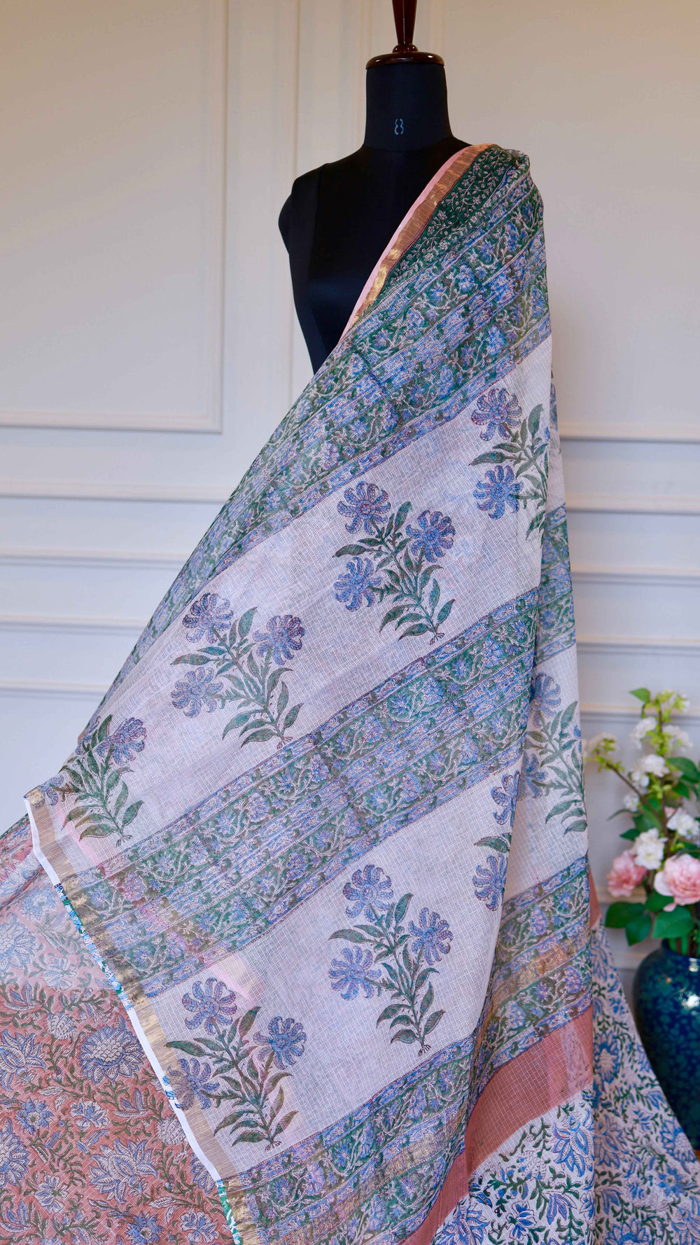 Pastel Pink Handblock Bagru Printed Pure Cotton Kota Doria Saree