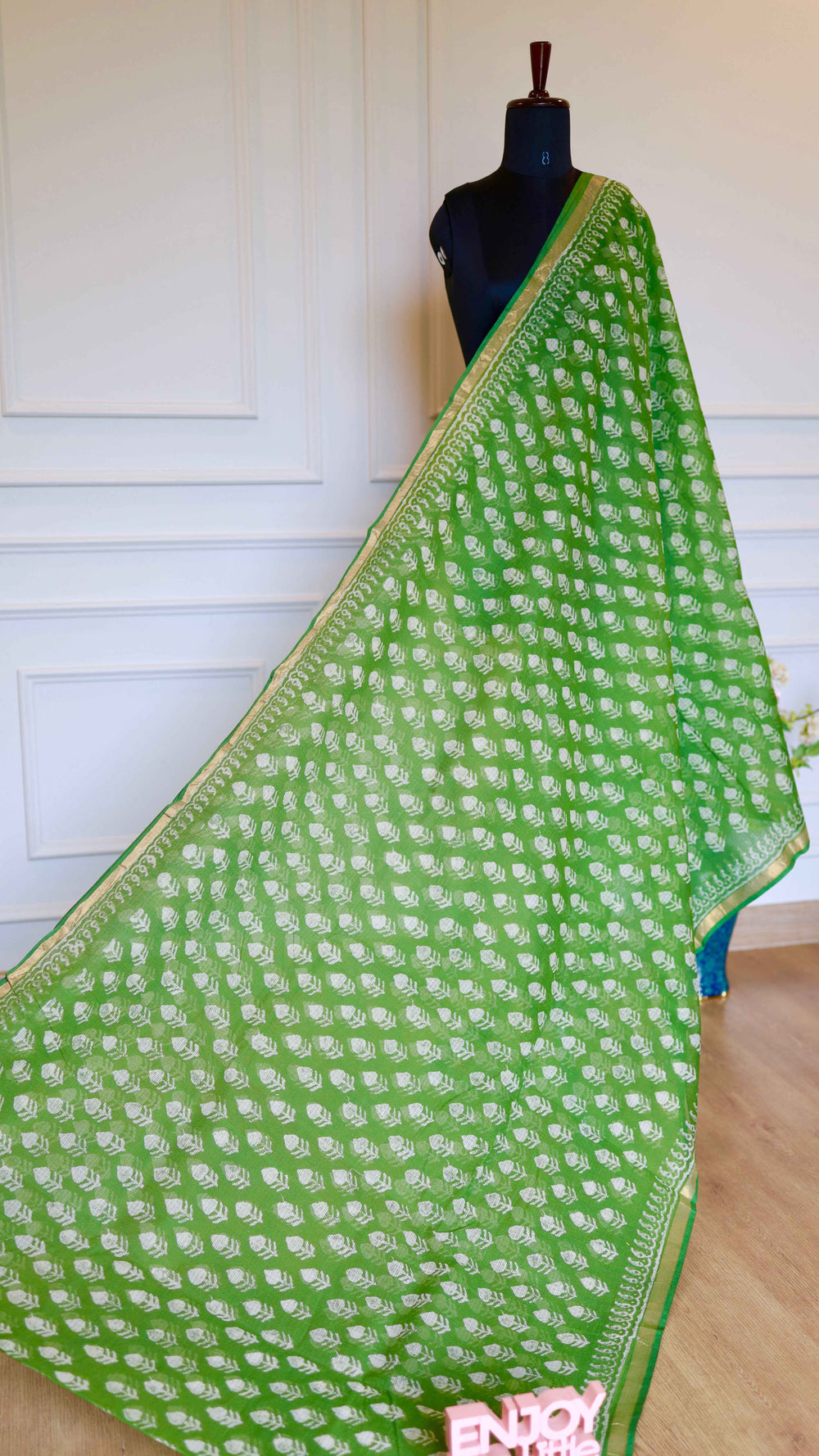 Green Handblock Bagru Printed Kota Doria Cotton Saree with Zari Border