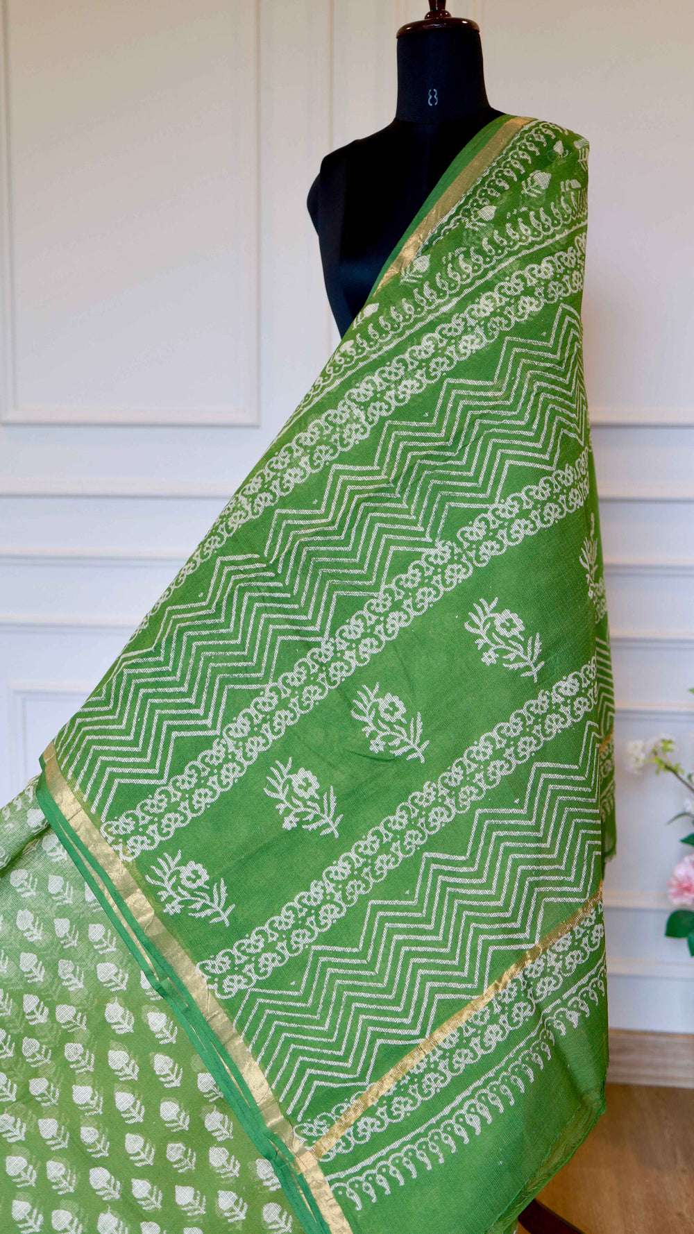 Green Handblock Bagru Printed Kota Doria Cotton Saree with Zari Border