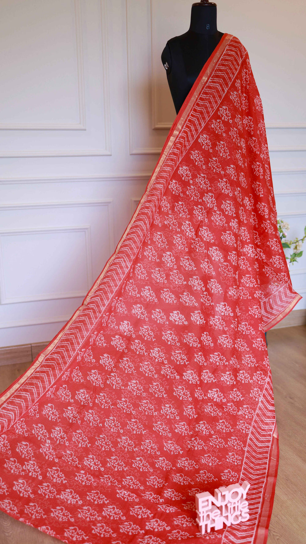 Red Handblock Bagru Printed Kota Doria Cotton Saree with Leheriya Pallu