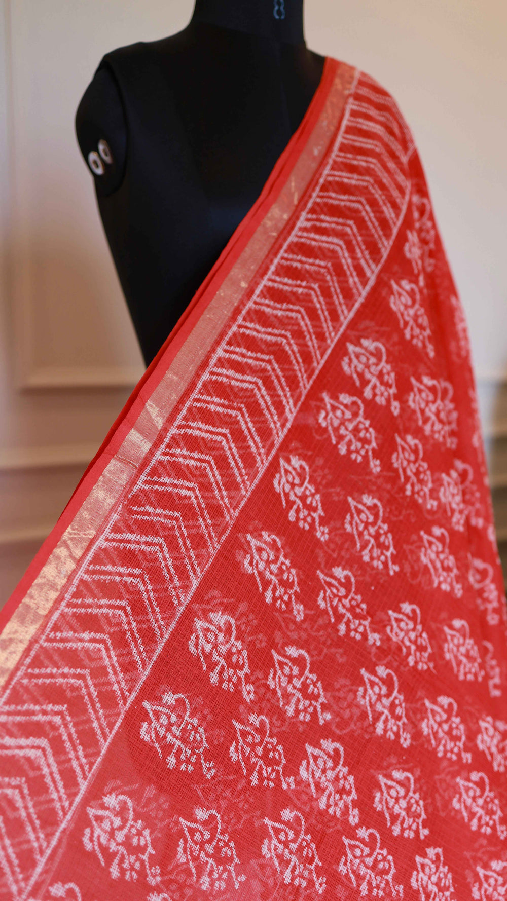 Red Handblock Bagru Printed Kota Doria Cotton Saree with Leheriya Pallu