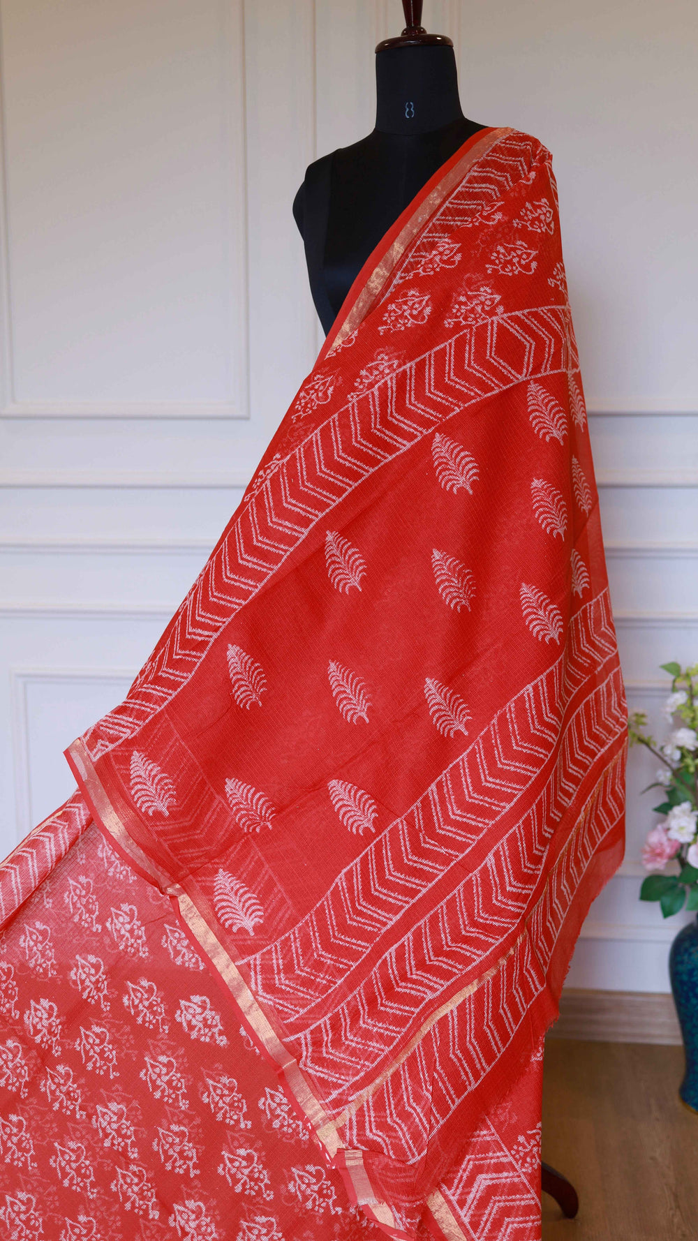 Red Handblock Bagru Printed Kota Doria Cotton Saree with Leheriya Pallu