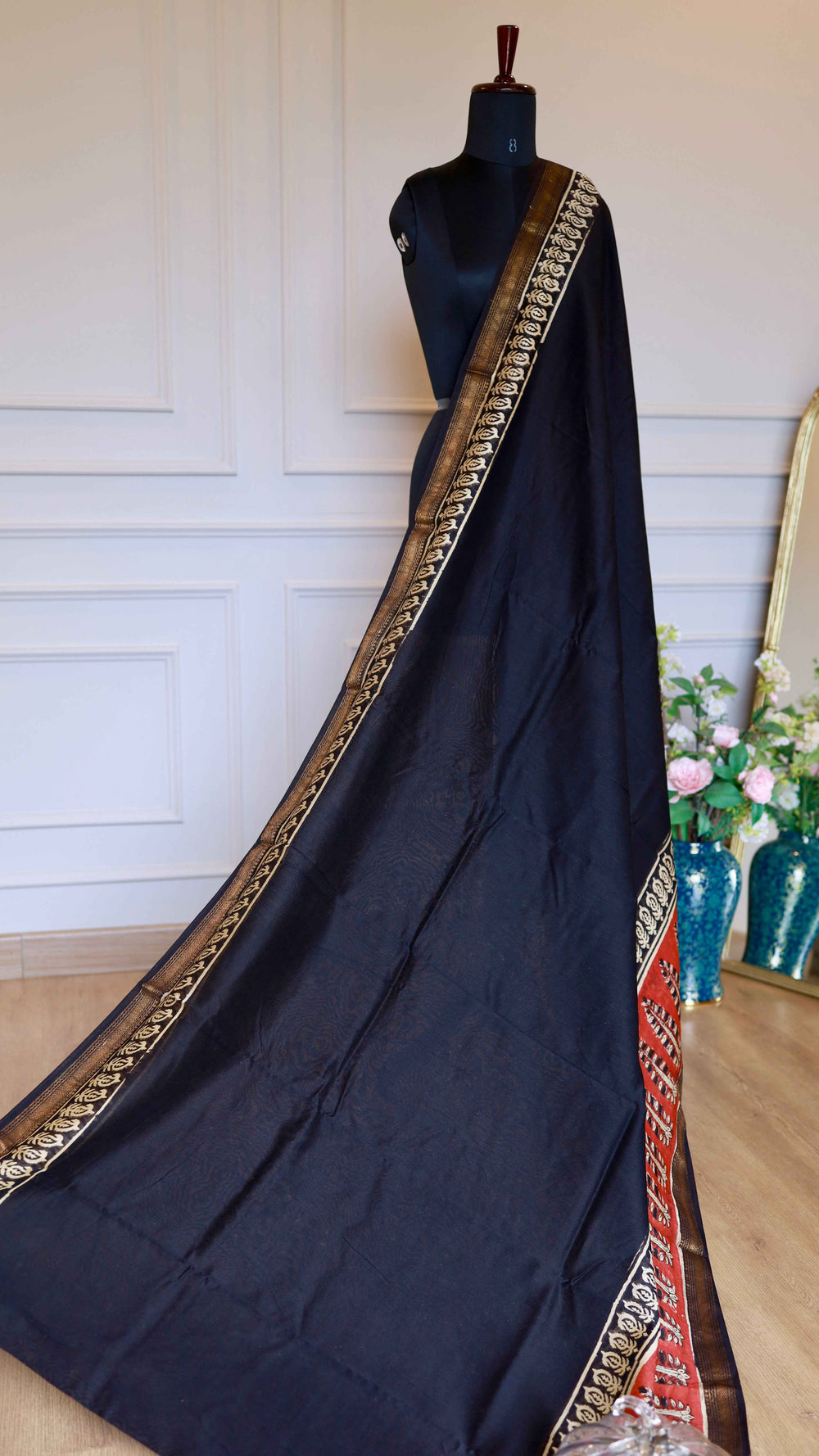 Black and Rust Hand Block Printed Maheshwari Silk Saree