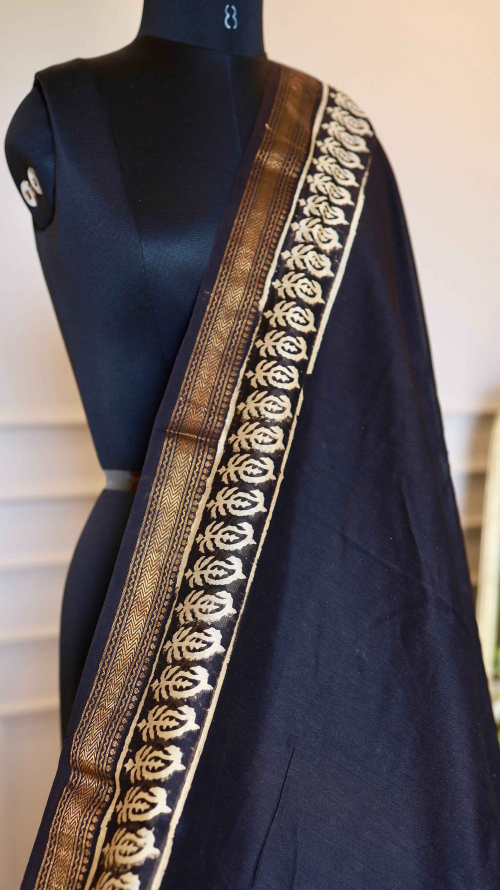 Black and Rust Hand Block Printed Maheshwari Silk Saree