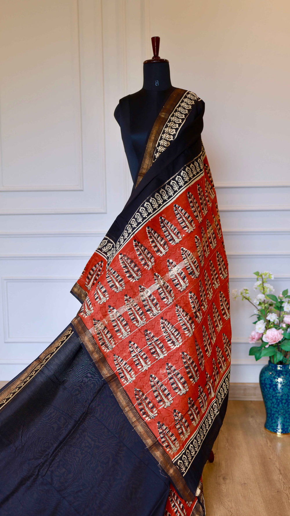 Black and Rust Hand Block Printed Maheshwari Silk Saree