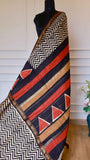 Maheshwari Handblock Printed Silk Saree in Black & Rust Leheriya