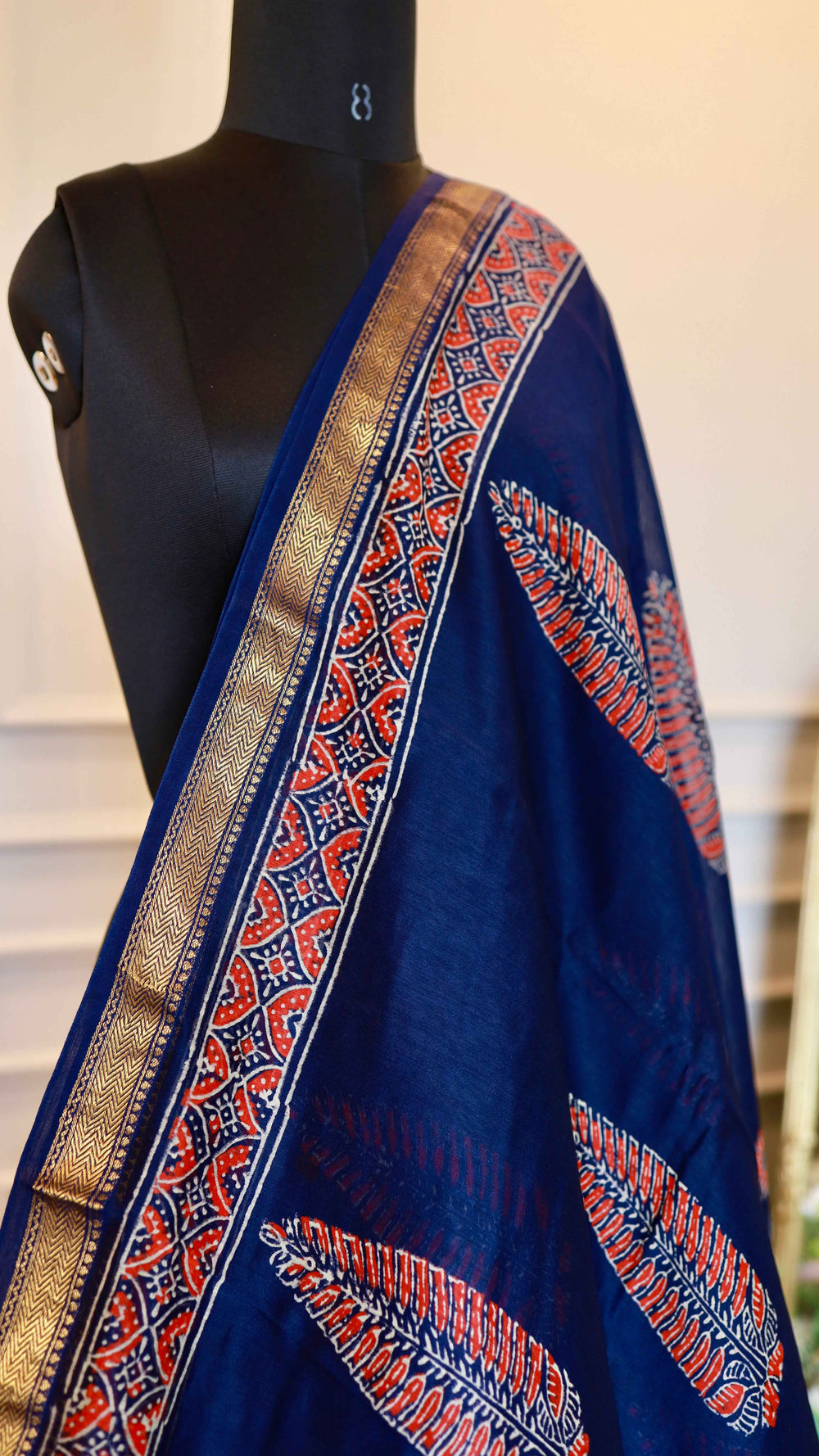 Indigo Blue Maheshwari Handblock Printed Silk Saree with Zari Border