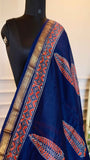 Indigo Blue Maheshwari Handblock Printed Silk Saree with Zari Border