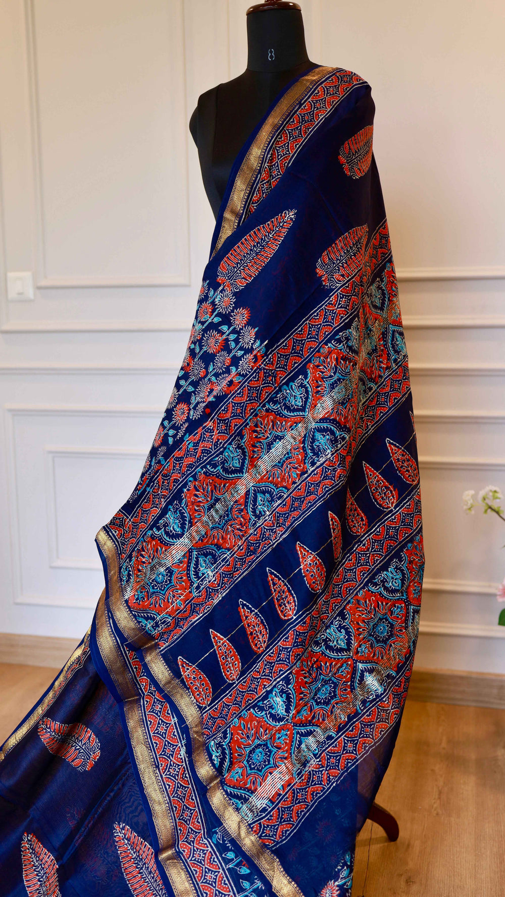 Indigo Blue Maheshwari Handblock Printed Silk Saree with Zari Border