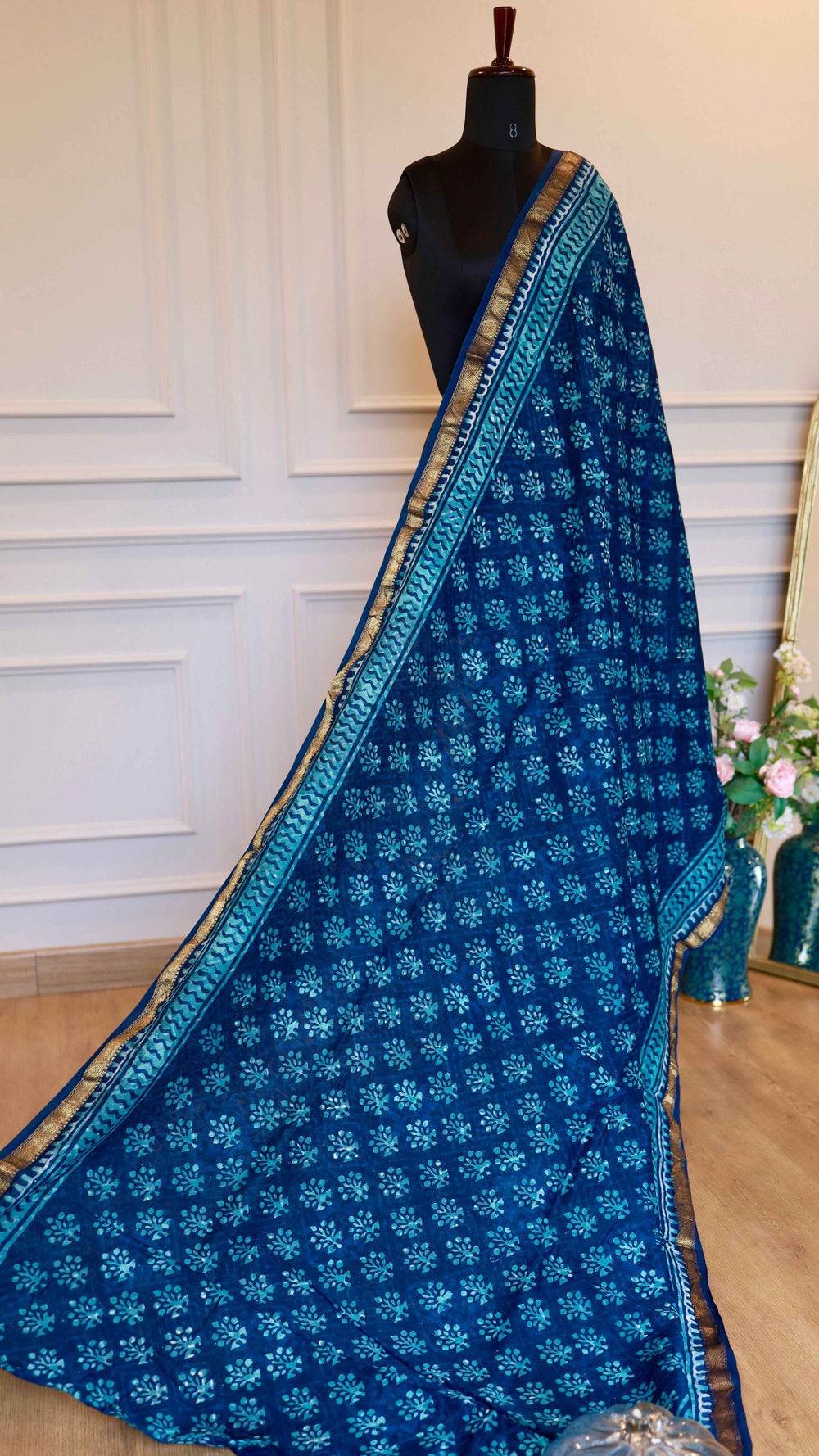 Maheshwari Handblock Printed Silk Saree in Blue