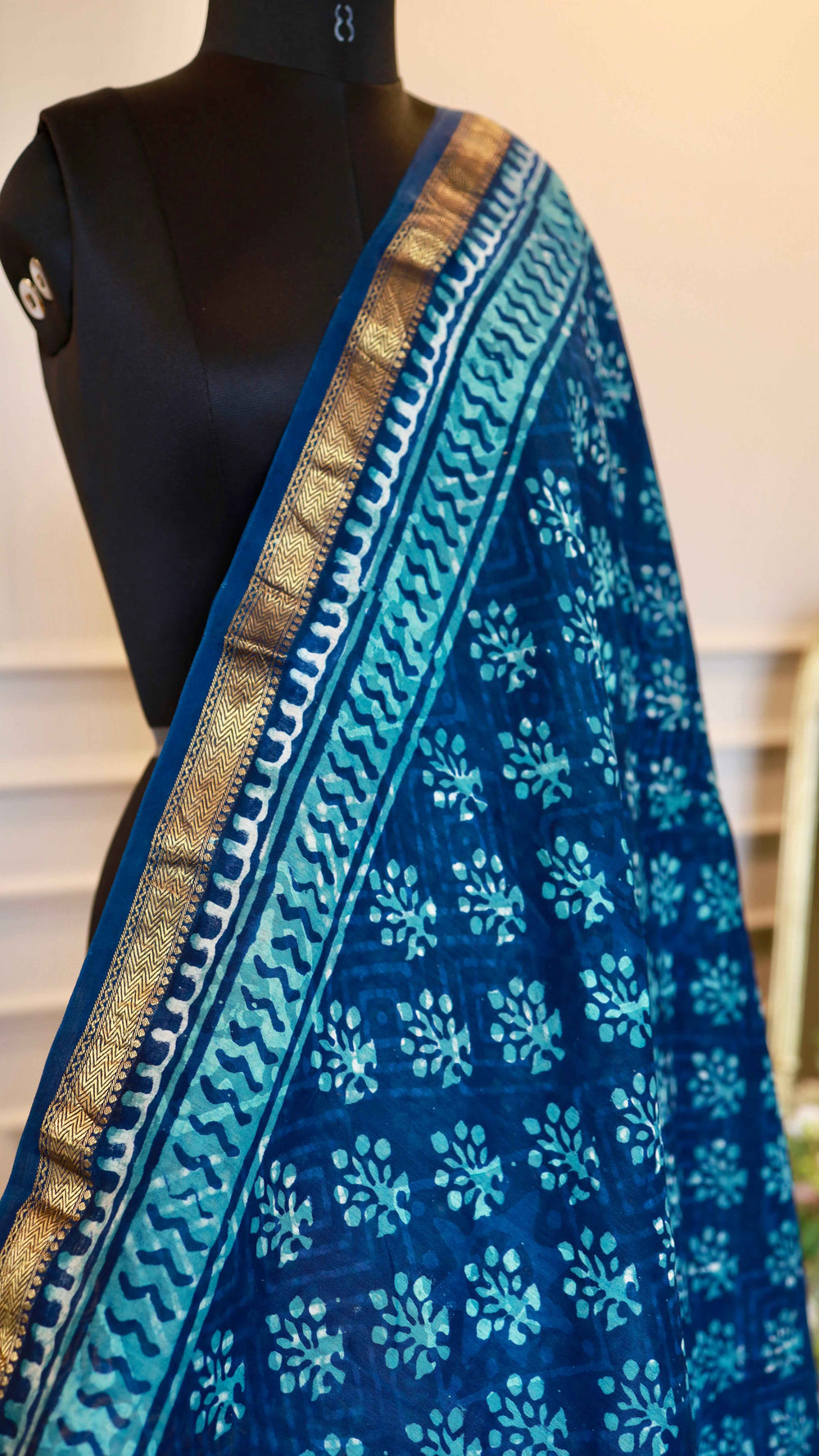 Maheshwari Handblock Printed Silk Saree in Blue