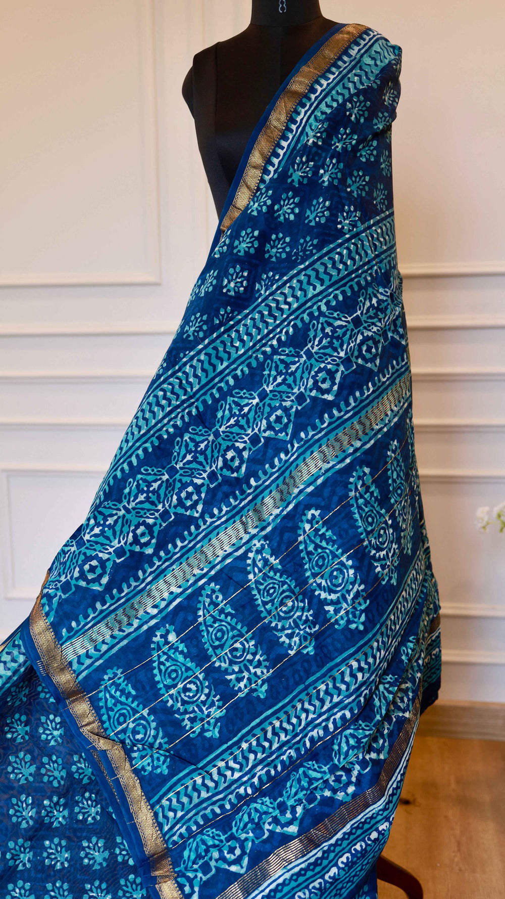 Maheshwari Handblock Printed Silk Saree in Blue