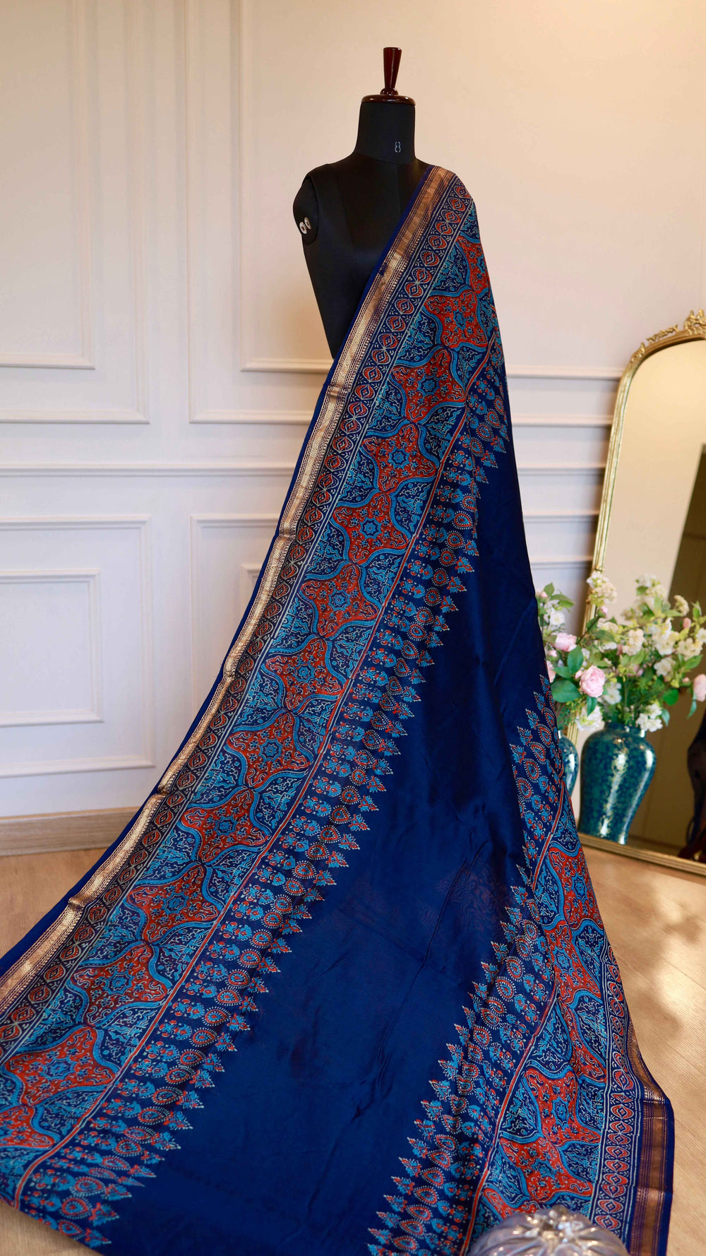 Indigo Maheshwari Handblock Printed Silk Saree with Zari Border