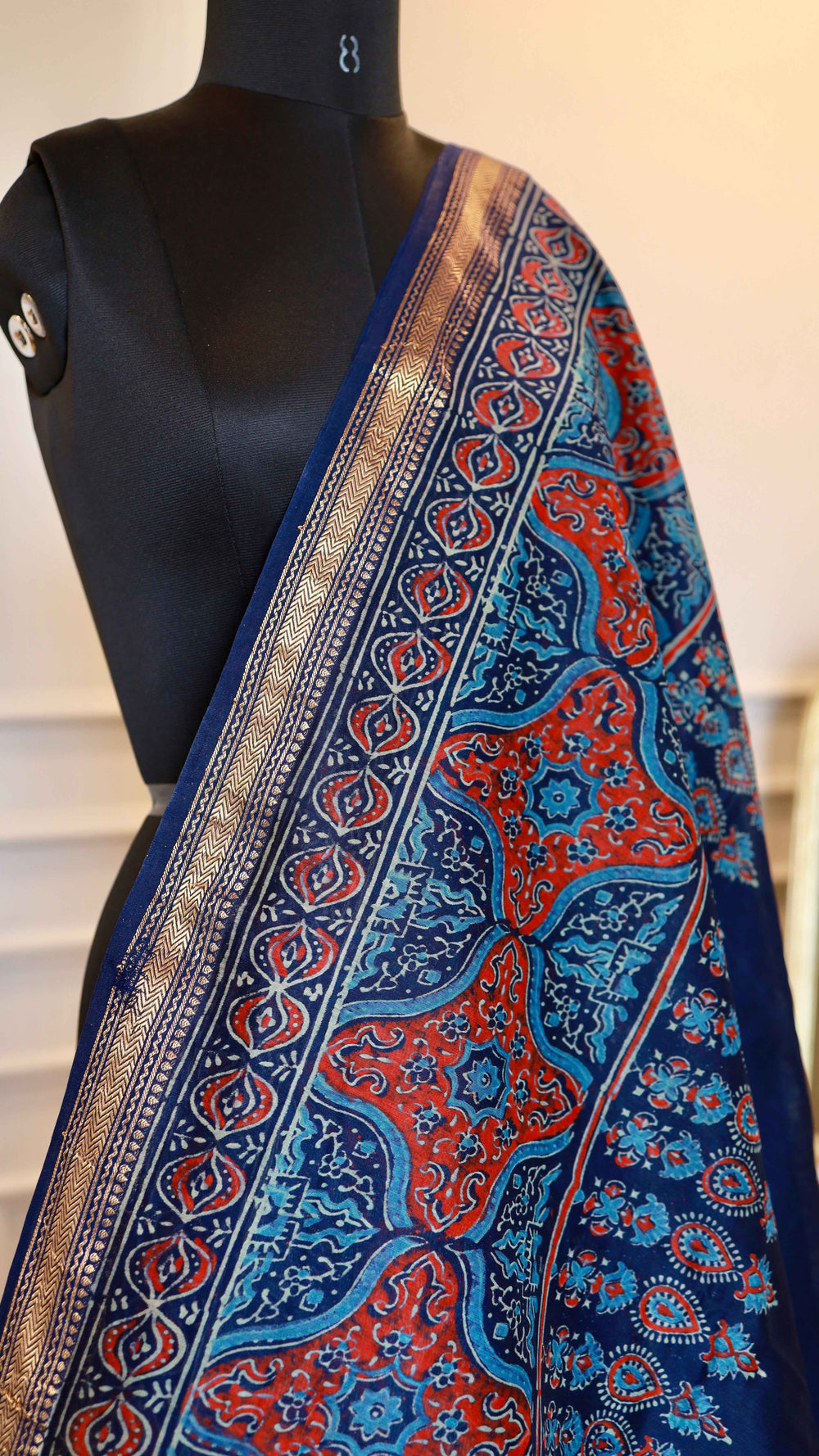 Indigo Maheshwari Handblock Printed Silk Saree with Zari Border