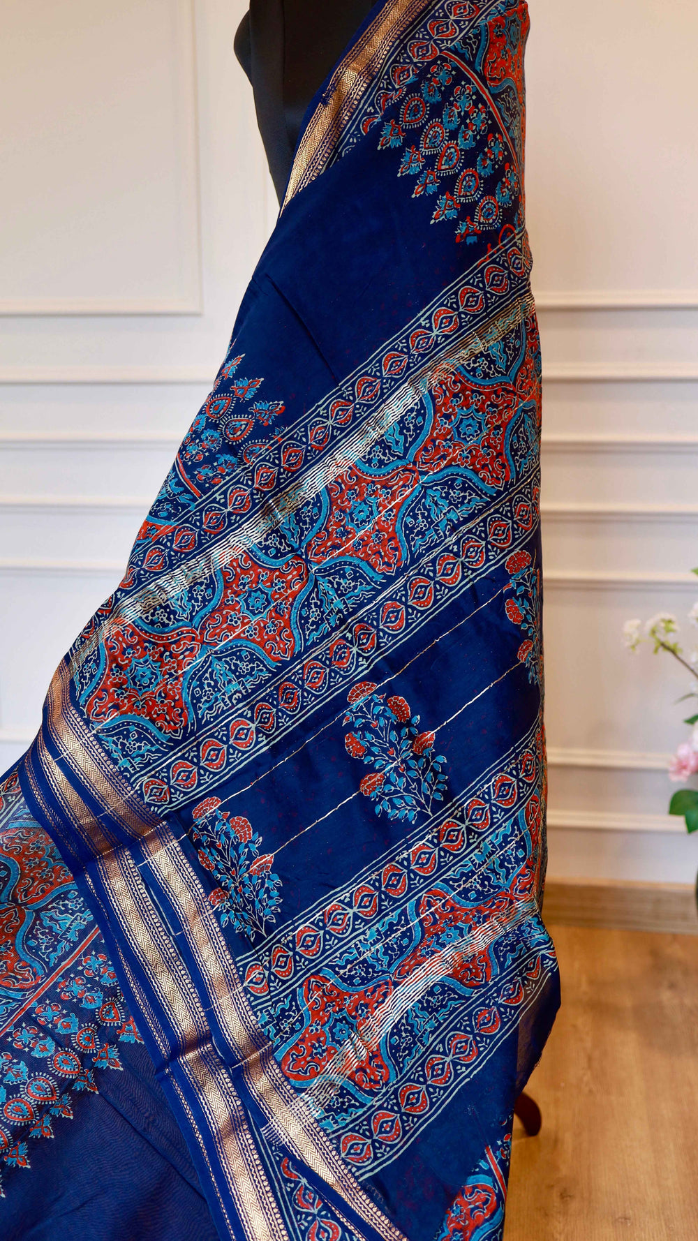 Indigo Maheshwari Handblock Printed Silk Saree with Zari Border