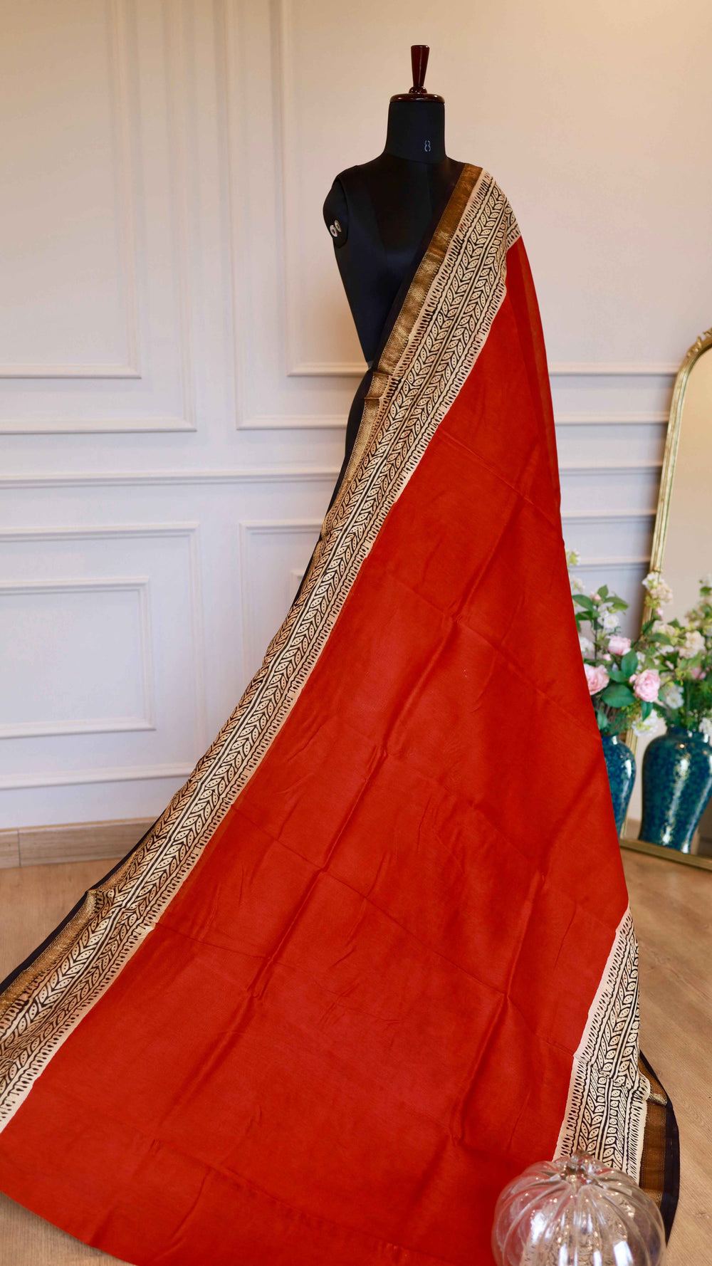 Maheshwari Handblock Printed Silk Saree in Crimson & Cream