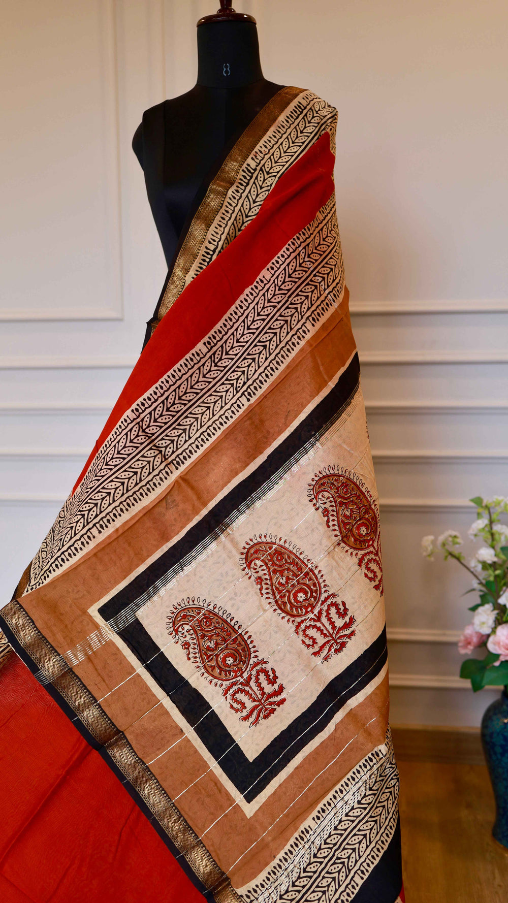 Maheshwari Handblock Printed Silk Saree in Crimson & Cream