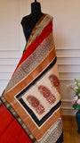 Maheshwari Handblock Printed Silk Saree in Crimson & Cream