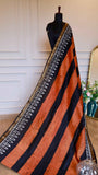 Handblock Printed Maheshwari Silk Saree – Rust & Black